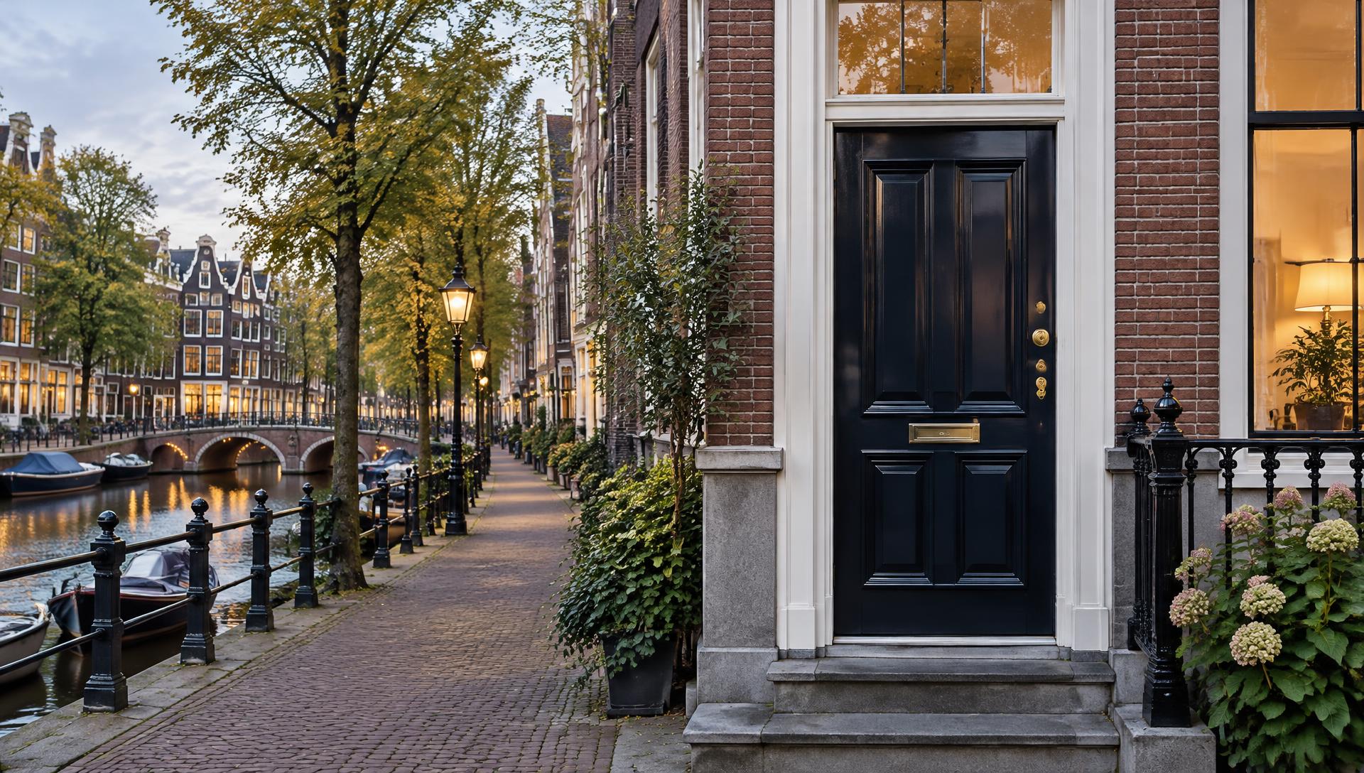 Amsterdamse grachtenpand met donkerblauwe voordeur en veiligheidsslot
